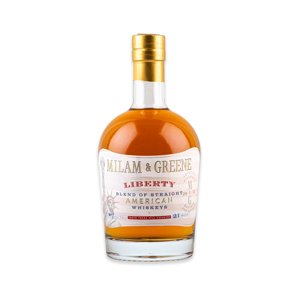 Bottle of Milam & Greene Liberty American Whiskey on a white background