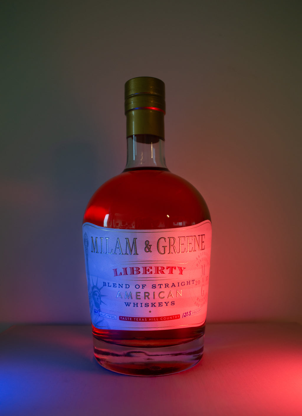 Bottle of Milam & Greene Liberty Blend of Straight American Whiskeys with a colorful gradient background.