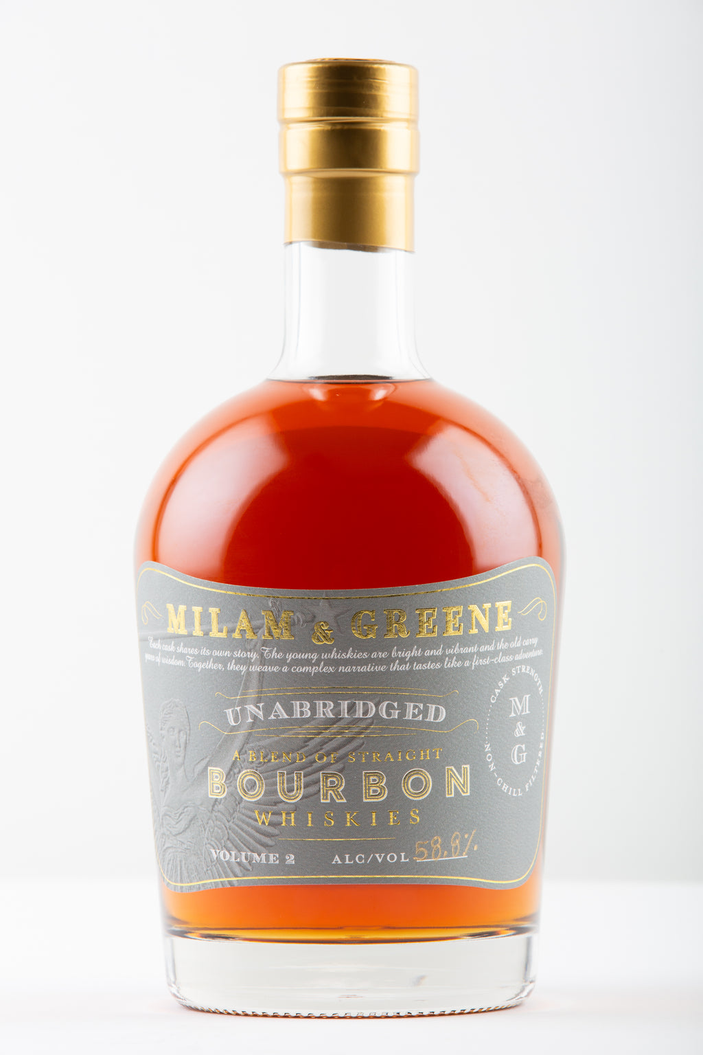 Bourbon bottle with grey label and gold lettering
