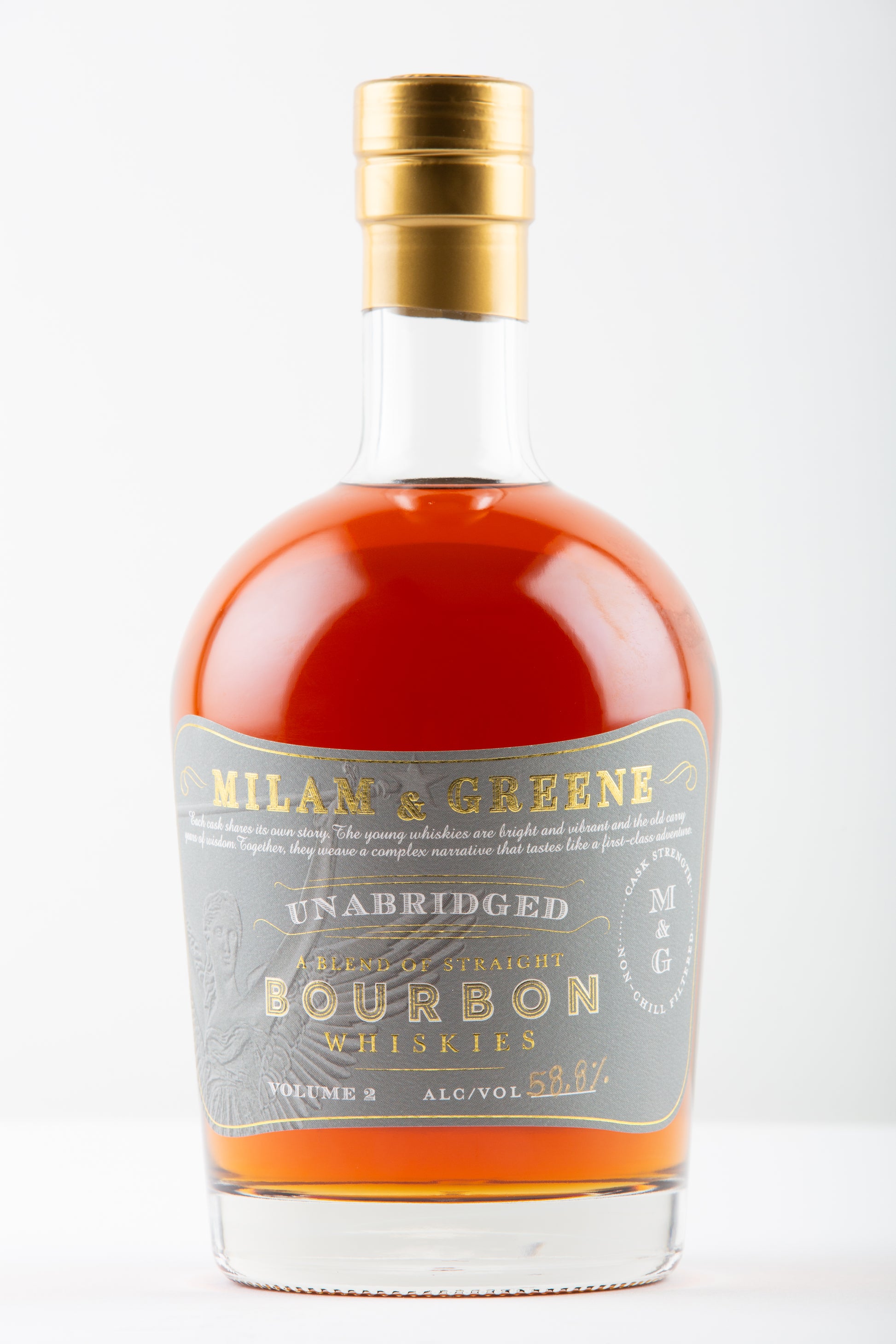 Bourbon bottle with grey label and gold lettering