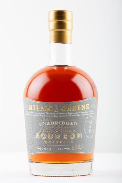 Bourbon bottle with grey label and gold lettering